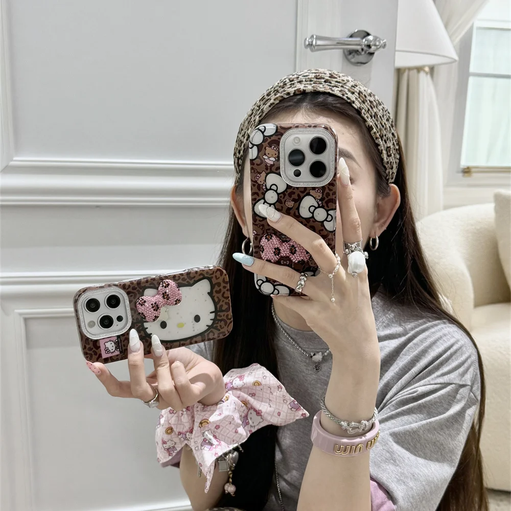 

Luxury flash diamond 3D bow Hello Kitty fashion leopard print phone case for iPhone 14 16 Pro Max 15 Funda cute Shockproof cover