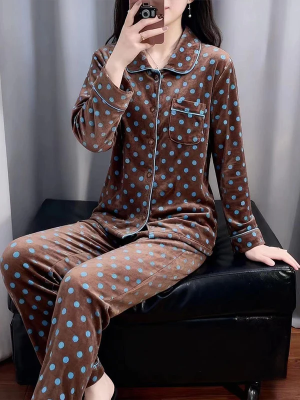 double-sided-australian-plu-spwear-women's-autumn-winter-home-clothes-set-blue-polka-dot-luxury-feel-long-sve-pajamas