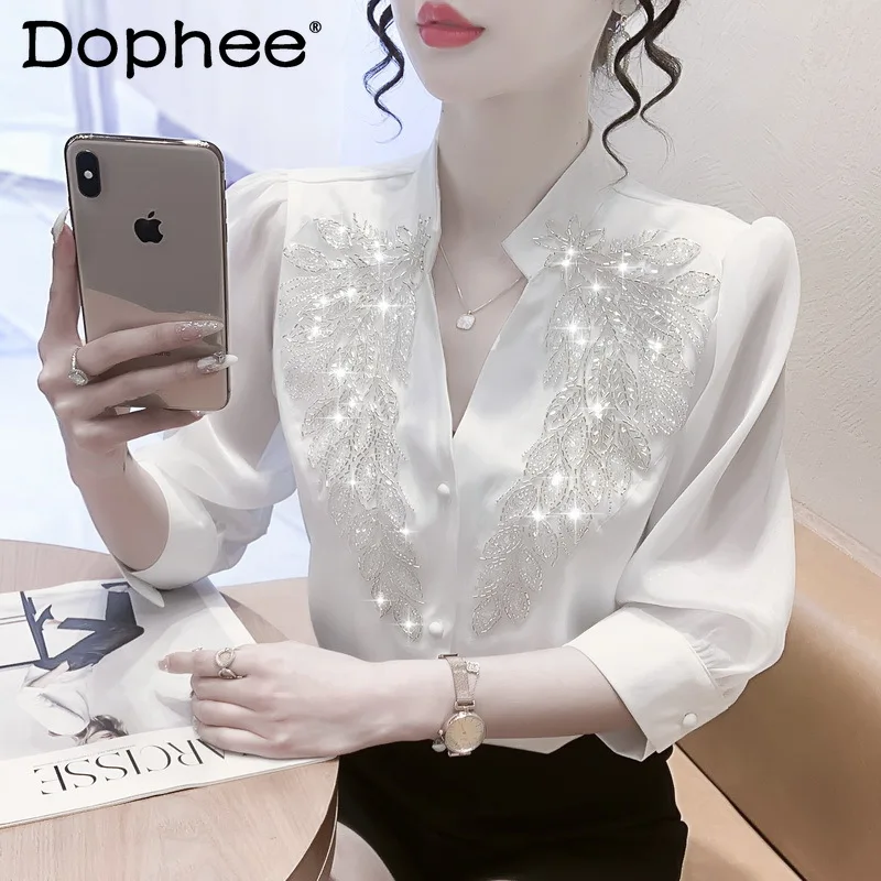 Heavy Embroidery Sequins Diamond Beaded Button Shirt Women Fashion Mid-Length White Blouse 2022 Spring Summer New Camisas Mujer