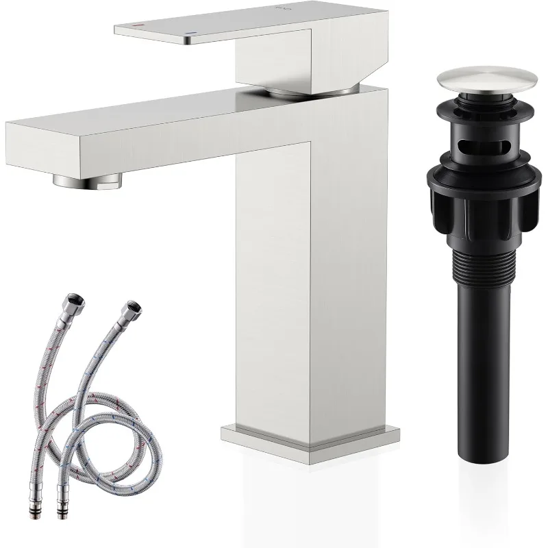 Single Handle Bathroom Sink Faucet,Brushed Nickel Vanity Faucet for Bathroom Sink, with Pop Up Drain Stopper &Water Supply Lines