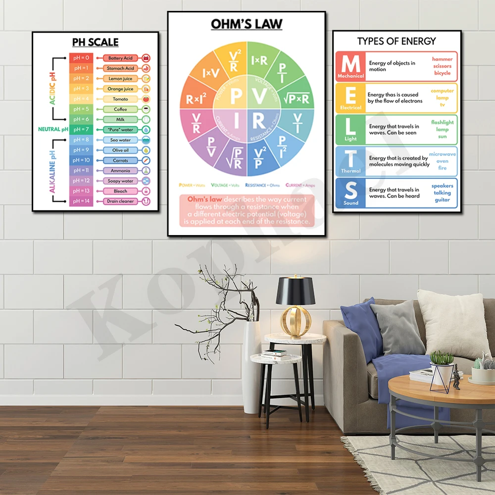 Molar Mass. Ohm's Law. PH SCALE. Types of Energy. Chemical Reactions. Physics Units. Science for Kids Educational Posters