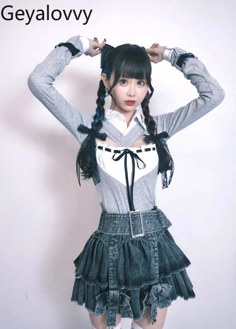 

Japanese Style Landmine Subculture Lolita Y2K Bow High Waist Short Skirt Sweet Girls Versatile A-line Denim Mini Skirts