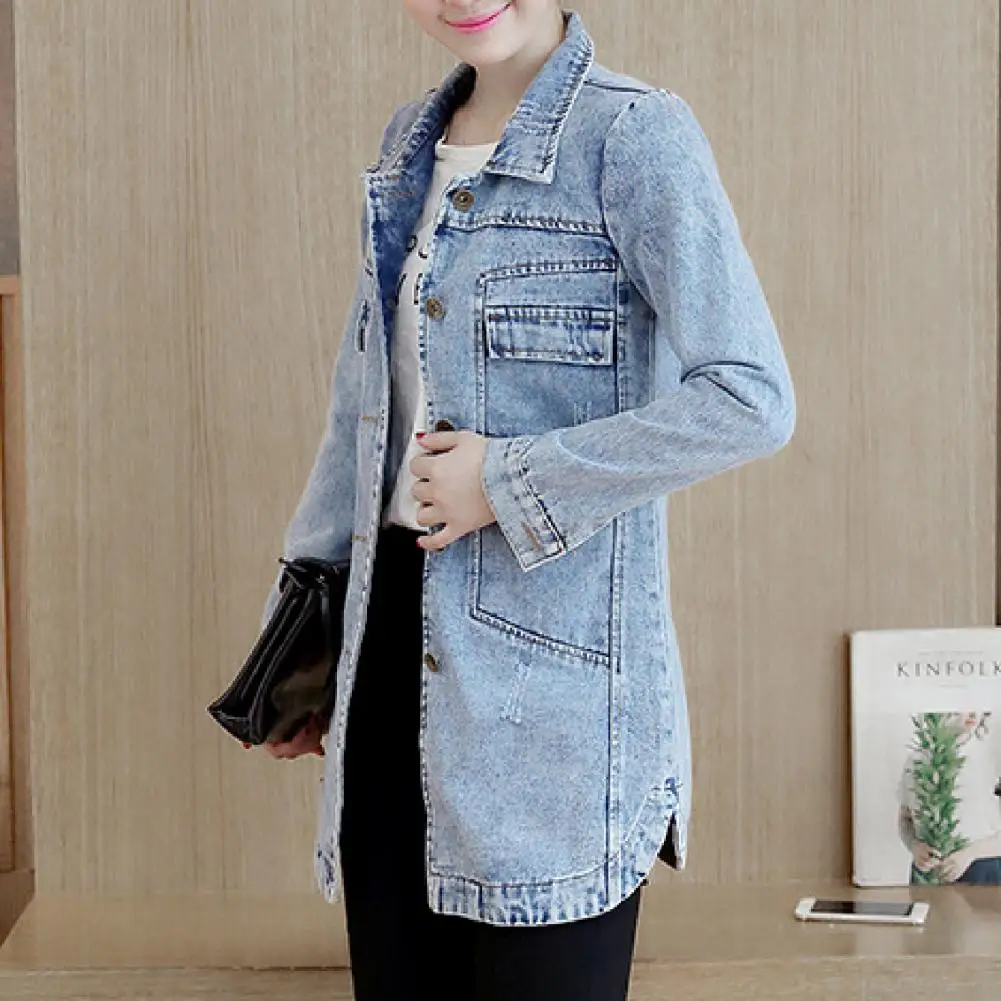 Women Single Breasted Long Denim Jacket Irregular Hem Mid-Length Turn-Dwon Collar Flap Pockets Ladies Slim Coat Women Outwear