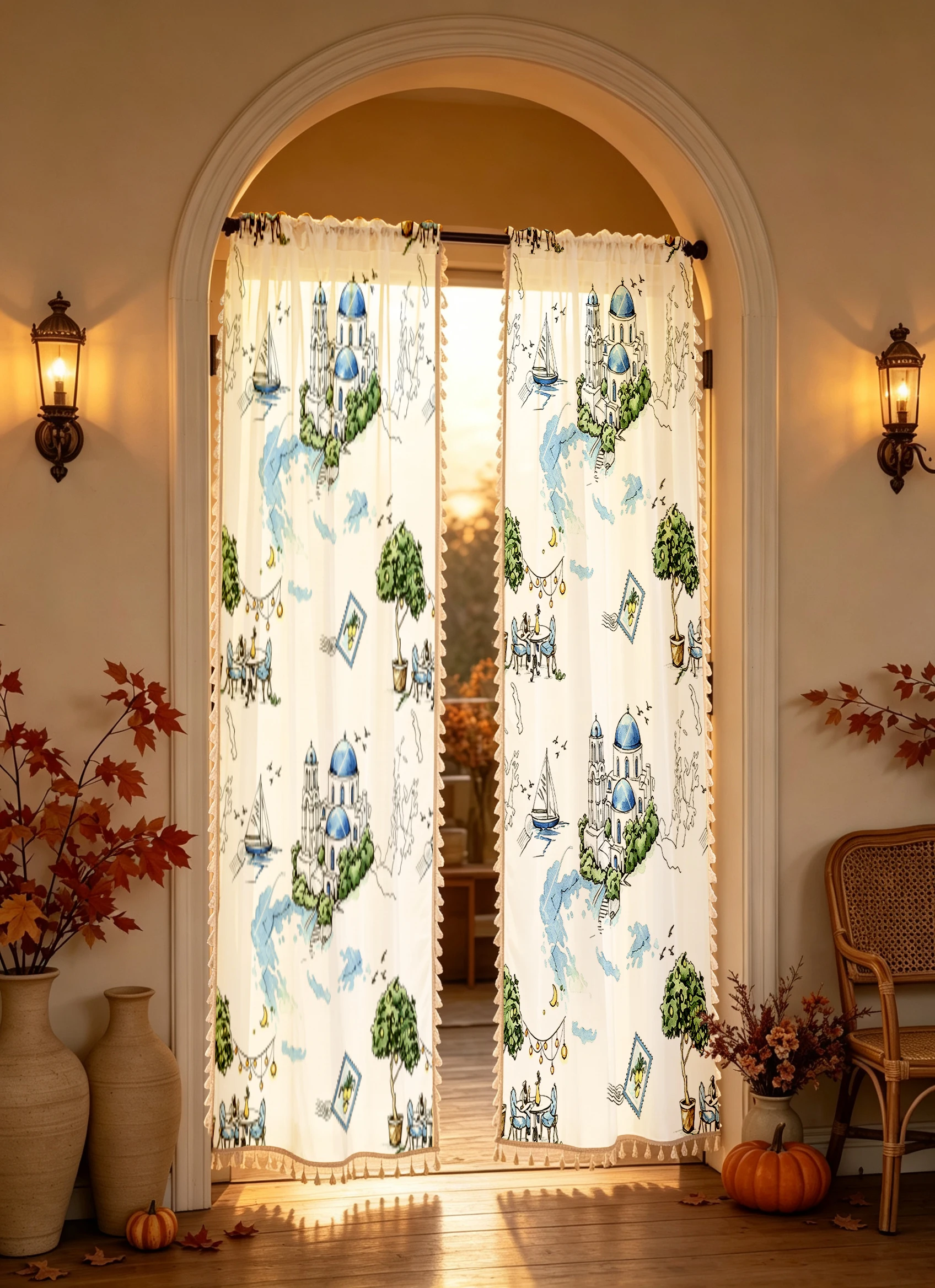 1PC Scenic Tassel Sheer Curtains, Santorini Blue Dome Mediterranean, Digital Print, Linen Polyester, Bedroom, Home Decor