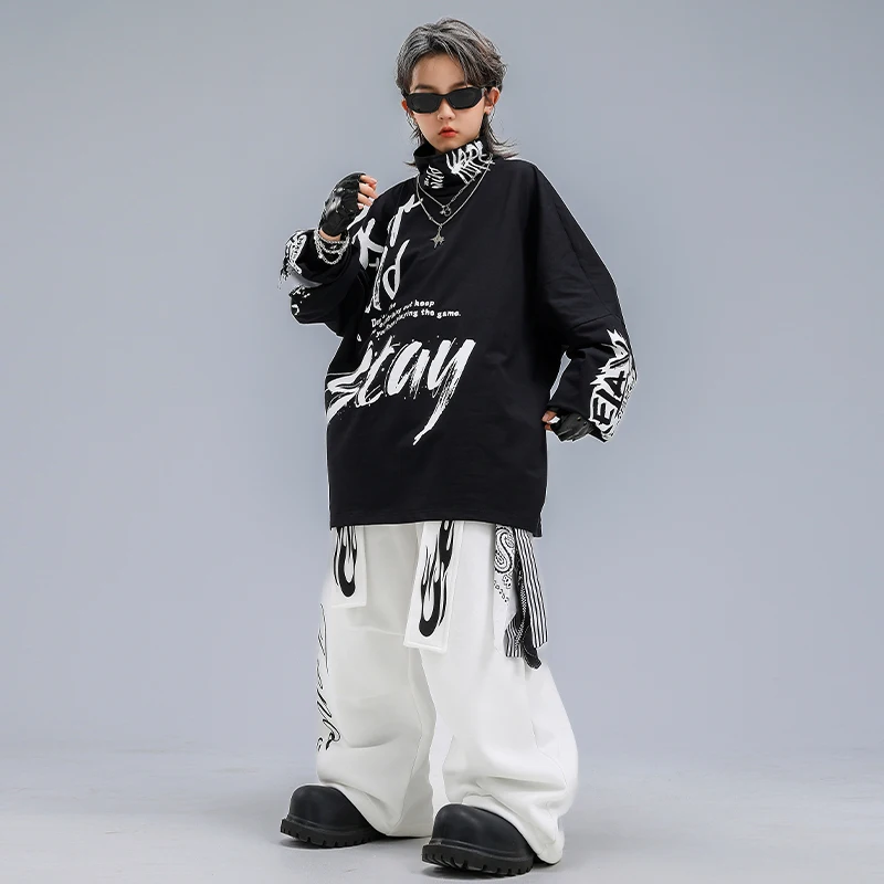 쿨 키드 힙합 댄스 의상 블랙 오버사이즈 탑 화이트 배기 팬츠 청소년 스트리트 댄스 의류 학교 공연 재즈 의상 VDL4733