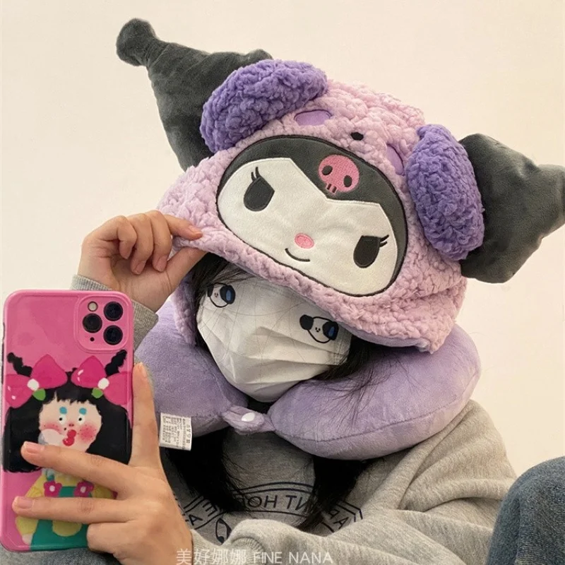 Sanrio Kuromi Hooded U-shaped Neck Pillow Hello Kitty My Melody Travel Nap Neck Pillow Travel Portable Airplane Pillow Girl Gift