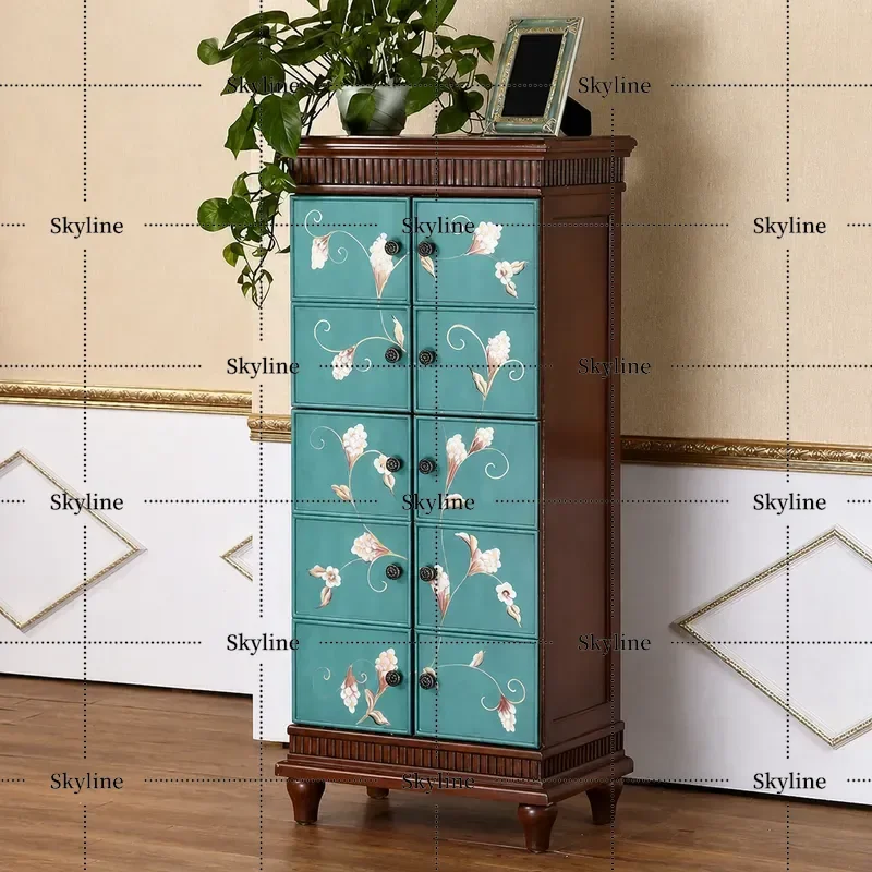 for American Rural Style Solid Wood Painted Antique Hand Painted Foyer Cabinet Large Capacity Shoe Storage Locker Free