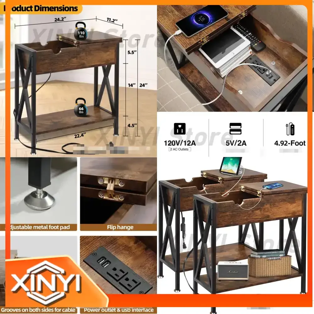 Narrow Small Bedside Table with USB Charging Ports and Socket for Compact Spaces