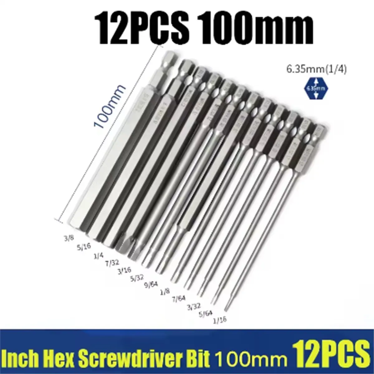2026 New Magnetic Allen Screwdriver Bit Set 100mm, Imperial Hex Head 1/16-3/8, Alloy Steel