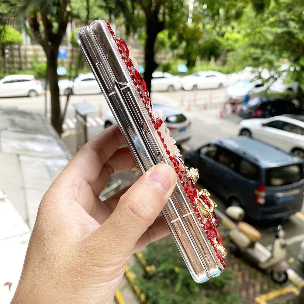 Luxury Rhinestone Cute Bear Phone Case For Samsung Galaxy Z Fold 7 6 5 4 3 2 Diamond Laser Flowers Red Water Drop Crystal Cover