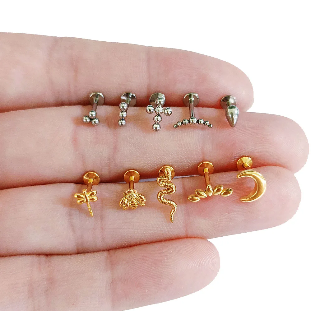 Titânio Threadless Piercing Stud, Snake, Bee Drop, Lua, Cruz, Push in Labret, Flor, Pin Folha, Daith Conch, ASTM F136 G23, 16G