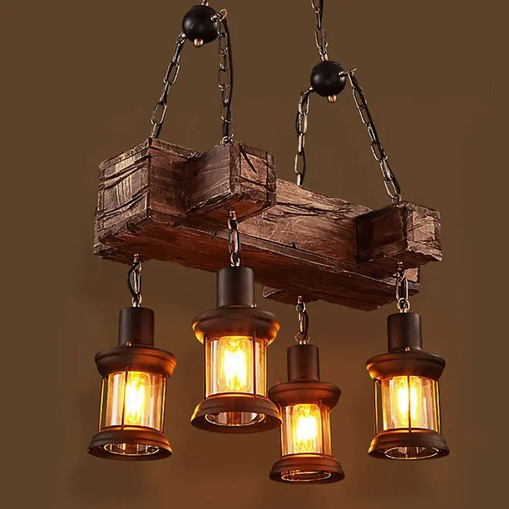 4 Lights Ceiling Lamp Wooden Chandelier Industrial Hanging Pendant For Restaurant Bar and Home Application