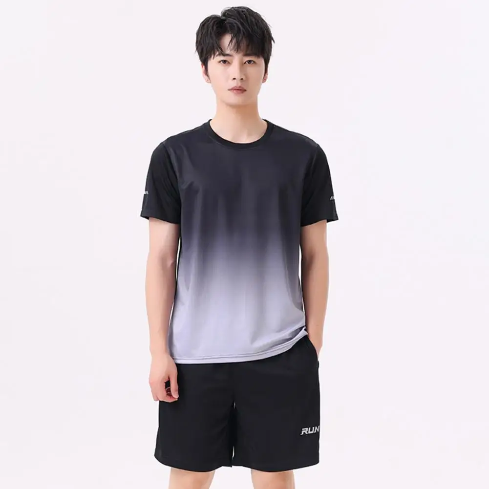 Quick-drying Casual Outfit Men's Casual Sport Outfit Set with O-neck Short Sleeve Tops Elastic Waistband Wide Leg Shorts Ice