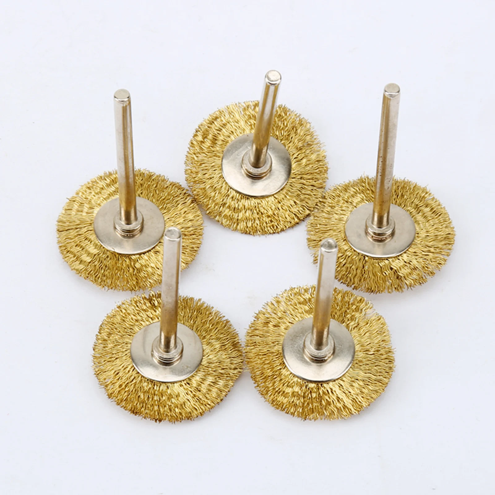 5pcs 25mm Polishing Copper Wire Brush Wheel Drill Rotary Grinding Machine Tools Golden 3.17mm Shank Dremel Accessories Golden