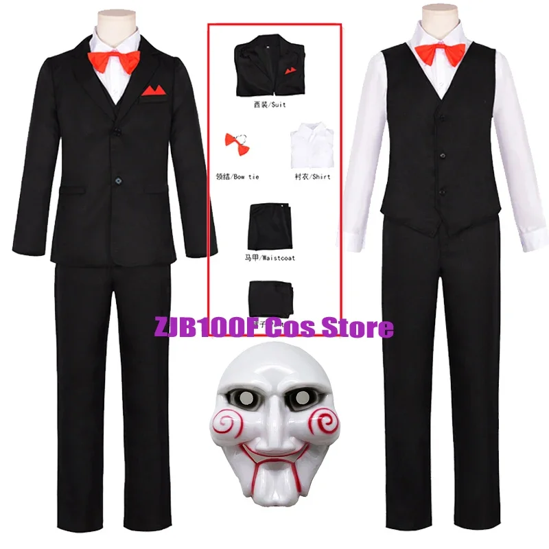 10 Saw Chainsaw Cosplay Men Massacre Jigsaw Costume Uniform Suit Coat Vest Pants Shirt Bow Halloween Party Mask Clothes for Man