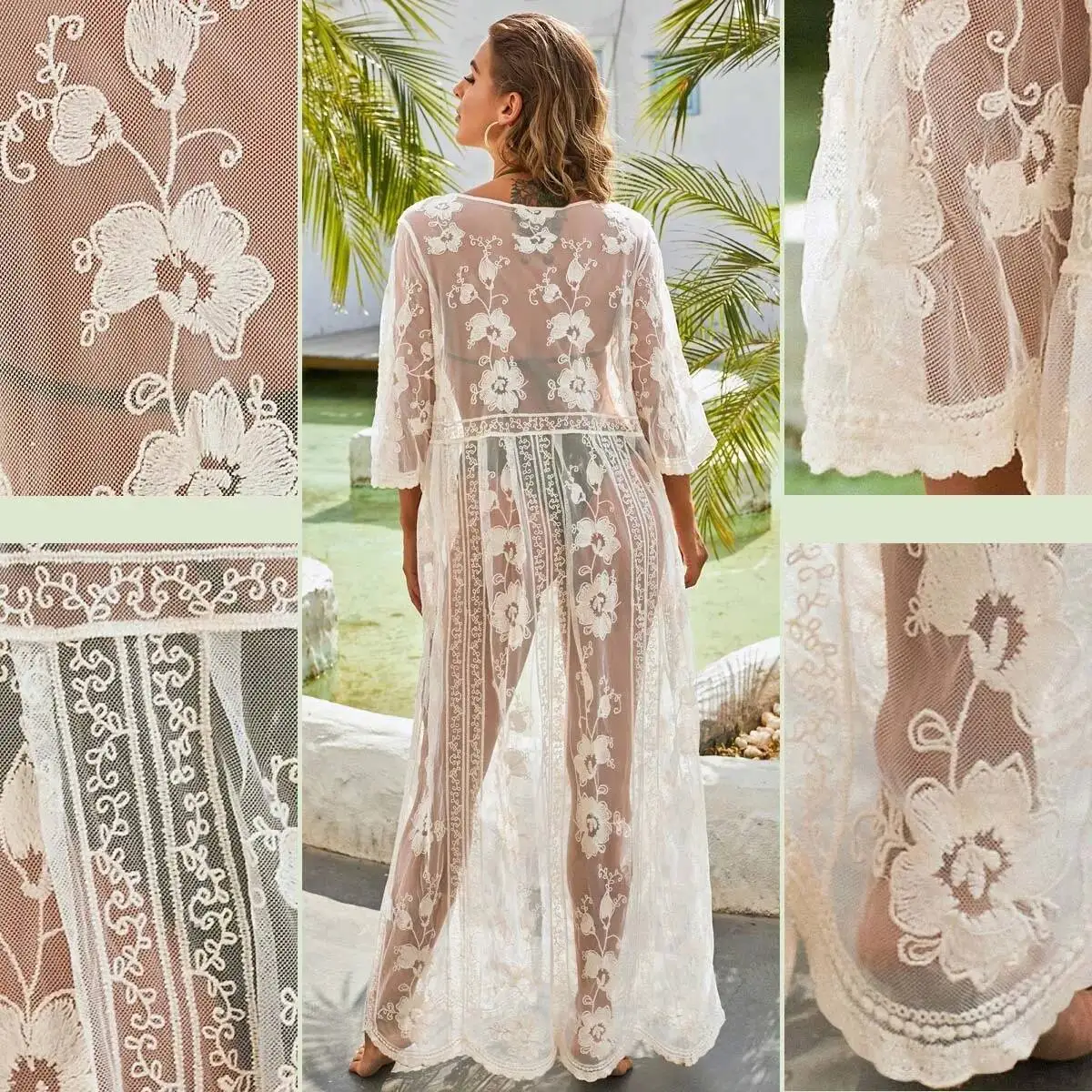 Renda longa cor sólida bordada cardigan cinta maiô biquíni roupa externa