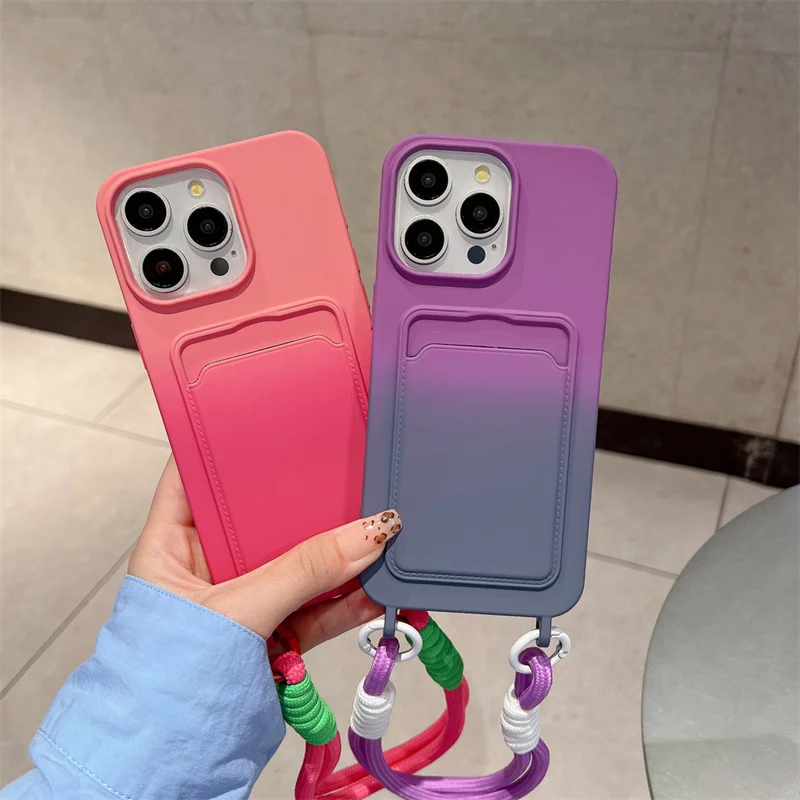 Gradient Color Cute Card Slot Holder Phone Case For iPhone 16 15 Pro 12 13 14 Pro Max Cover with Hand Rope Strap Silicone Cases