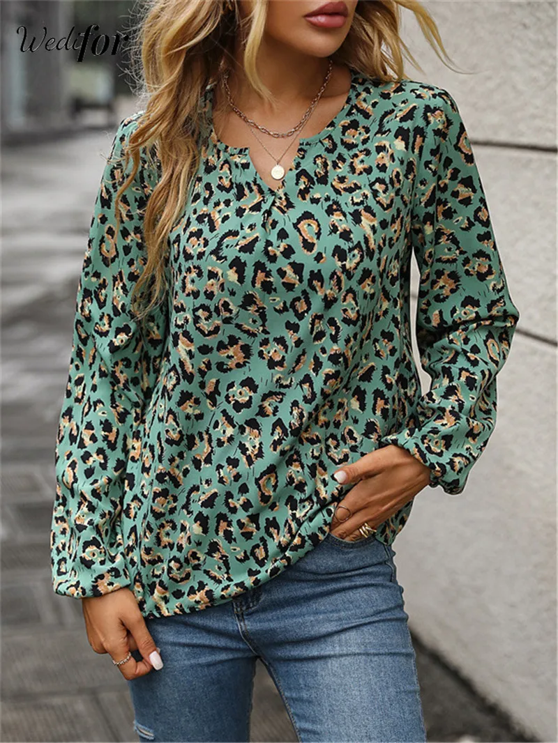 Wedifor Women Leopard Print Blouse 2023 Autumn Winter Long Sleeve Casual Pullovers Top Fashion Elegant Office Ladies Clothing