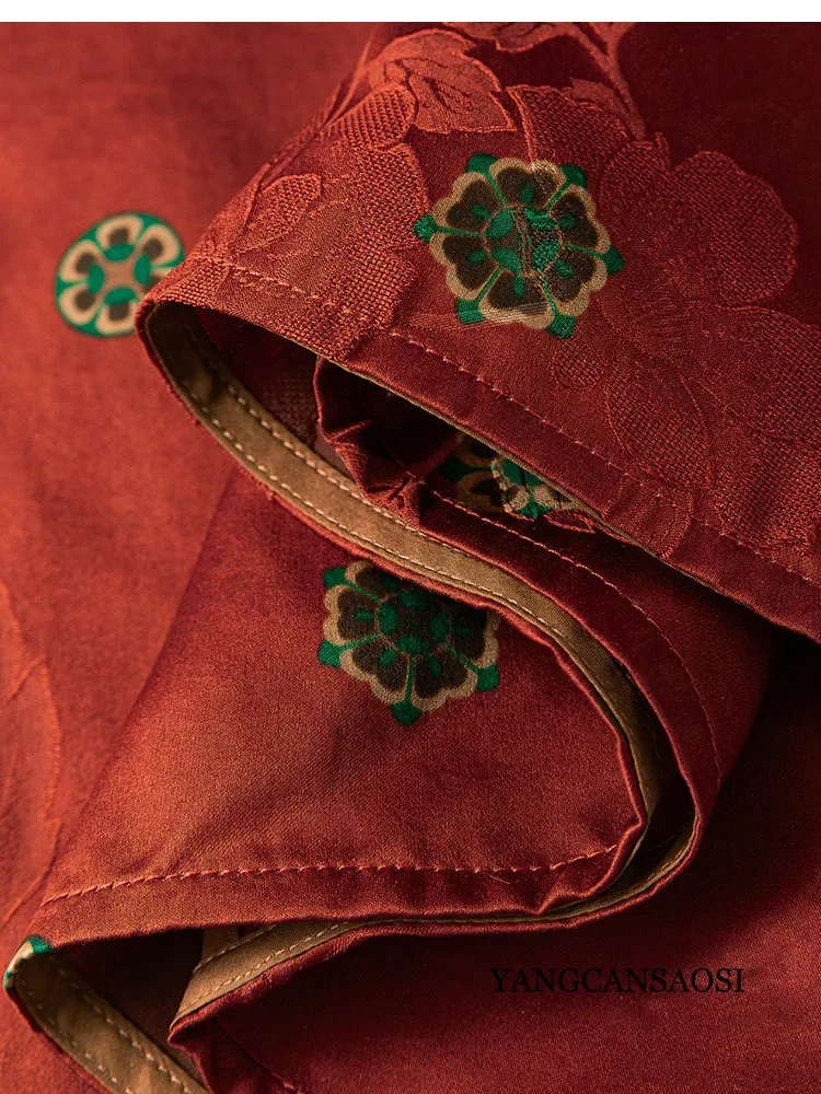 여성 패션 의류 우아한 다크 레드 100% 천연 뽕나무 실크 갬비어드 광둥 거즈 스탠드 칼라 슬림 핏 드레스