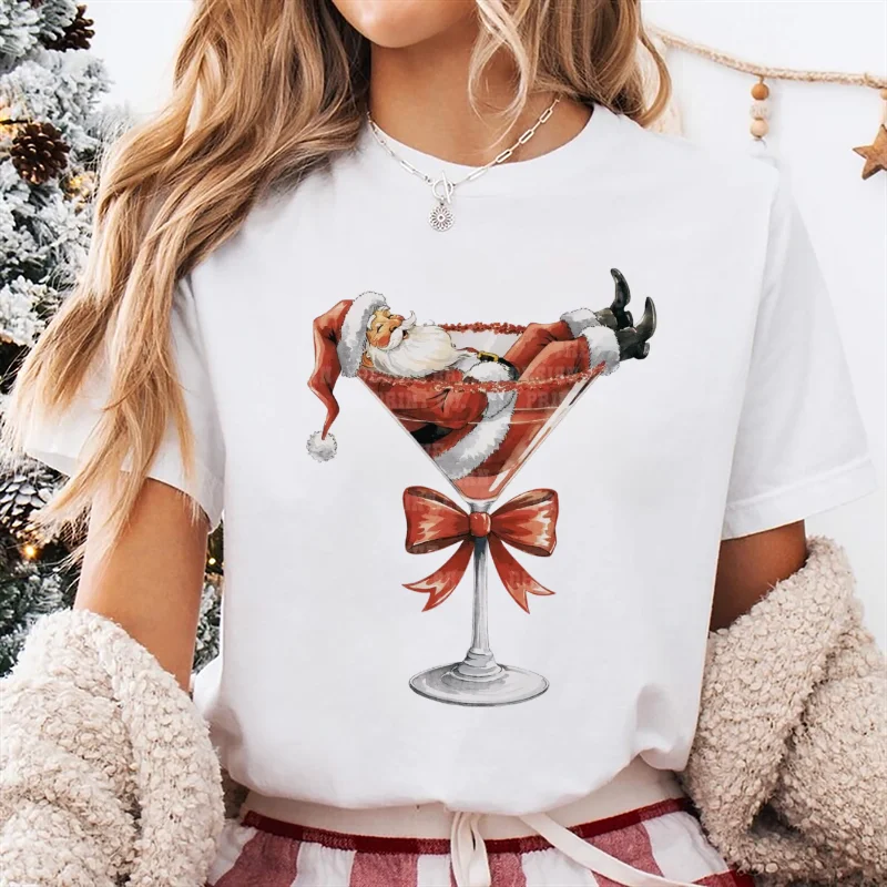 

Санта-Клаус, стеклянная чашка, бант, принт, милая футболка с короткими рукавами, повседневный женский топ, новогодний стиль, модная футболка с круглым вырезом