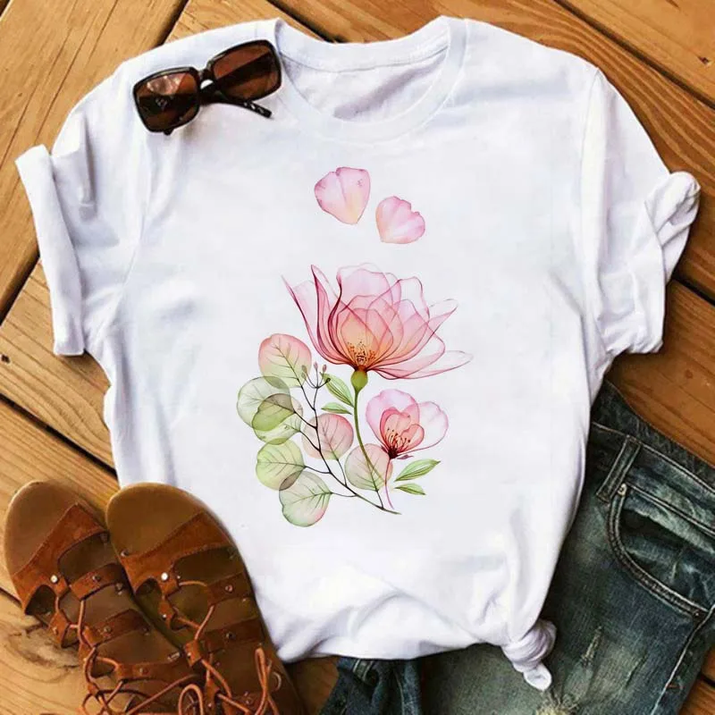 Maycaur New Watercolor Floral Print Women Tshirt Harajuku 90s Streetwear Short Sleeve T Shirts Cartoon Casual Woman Tops Clothes