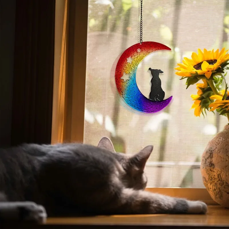 1pc Window Hanging Moon Dog Glass Craft Outdoor Sun Catcher Decor Home Accents Decoration Crafts