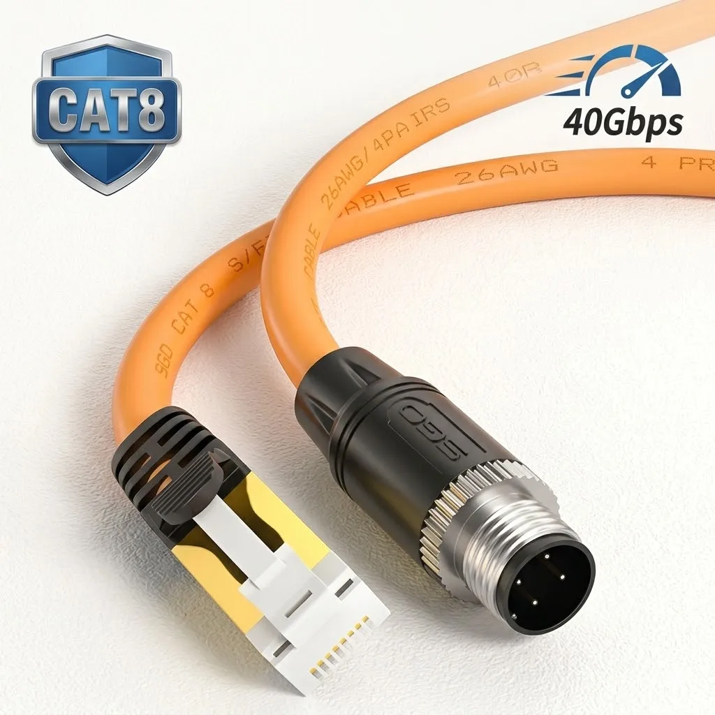CAT8 M12 to RJ45 Ethernet Cable 40Gbps 2000MHz S/FTP Shielded Industrial Patch Cord IP67 Waterproof for Vision Camera PLC Bus