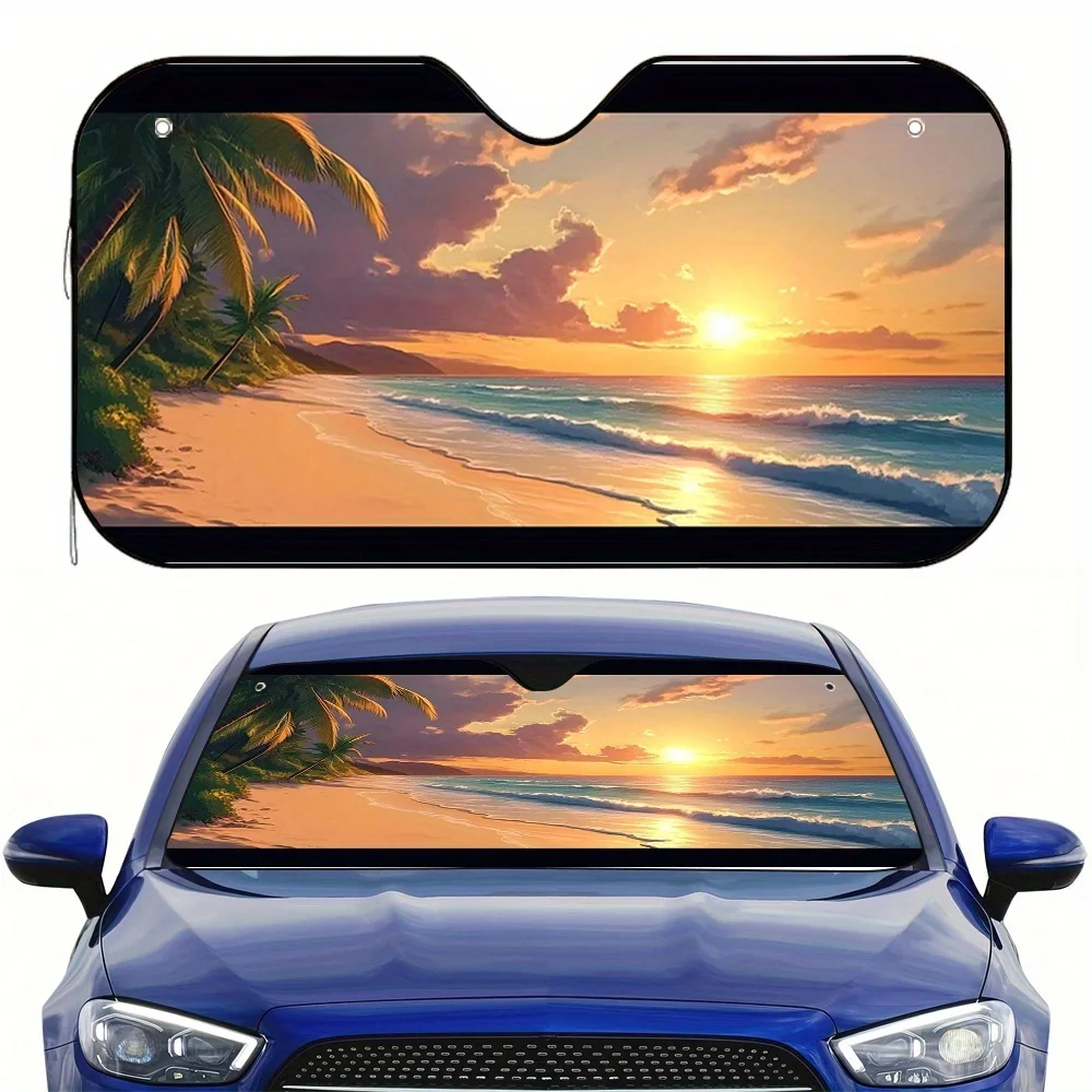 

1 шт. солнцезащитный козырек для автомобиля с тропическим берегом, простая установка, подходит для ежедневных городских поездок, снижает помех солнечного света.