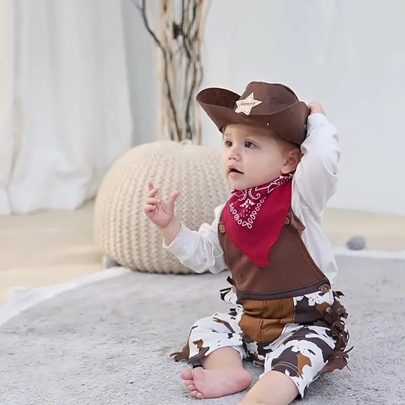 Baby-Jungen-Strampler-Kostüm, Kleinkind-Cowboy-Kleidungsset, 3-teilig, Hut+Schal+Strampler, Halloween, Purim, Geburtstagsoutfits