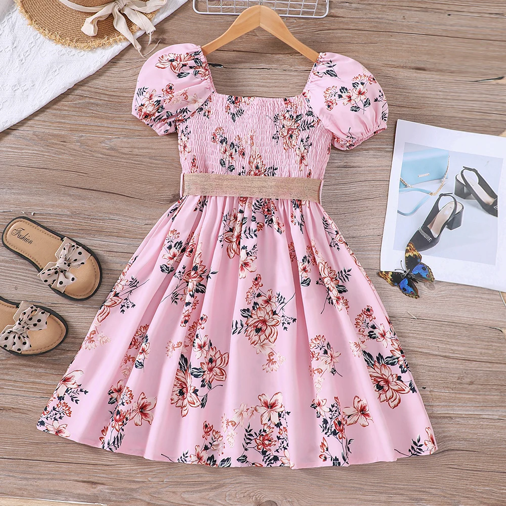 Girls' summer romantic countryside vacation bubble sleeve dress