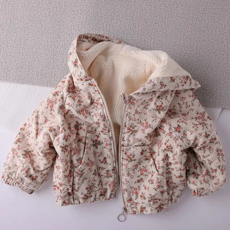 Kids Padded Thick Jacket Girls Warm Hooded Coat Children\'s Floral Clothing Autumn Winter Plus Velvet Outerwear New Casual Parkas