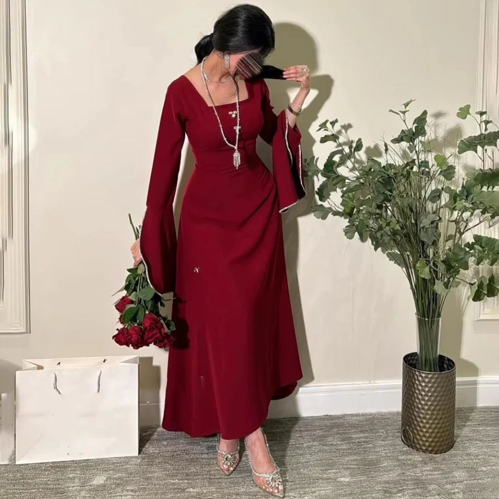 Aangepaste prachtige a-lijn ruches dames galajurk charmante lange mouwen vloerlengte feestjurk kralen dames avondjurk