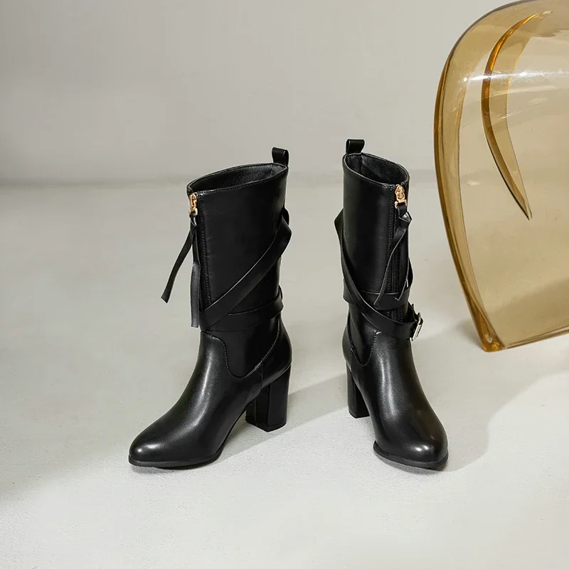 Bottes Western à Talons Hauts et Fermeture Éclair Avant pour Femme, Chaussures de Nuit Décontractées, Marron, Mi-Mollet, Ceinture de Structure, Grande Taille, 49, 50, 51, 52, Hiver