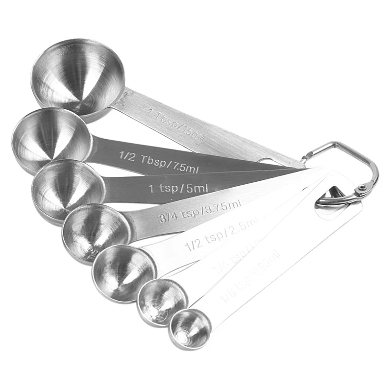 Chef Measuring Spoons, Heavy Duty Round Stainless Steel Metal, for Dry or Liquid - Set of 7