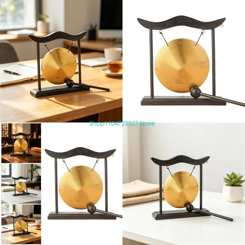 D8KF Metal Desktop Gong Decoration Set with Wood Stand and Mallets, Shelf Accent for Offices, Meditations Space, and Gatherings