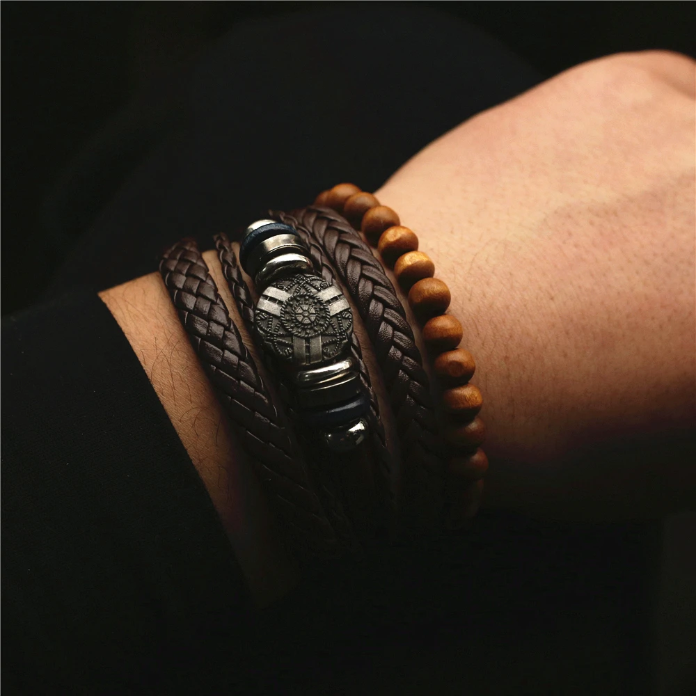 4 Pcs/set Alloy Charm Beads Men Leather Bracelets Sets For Women Handmade Woven Homme Jewelry