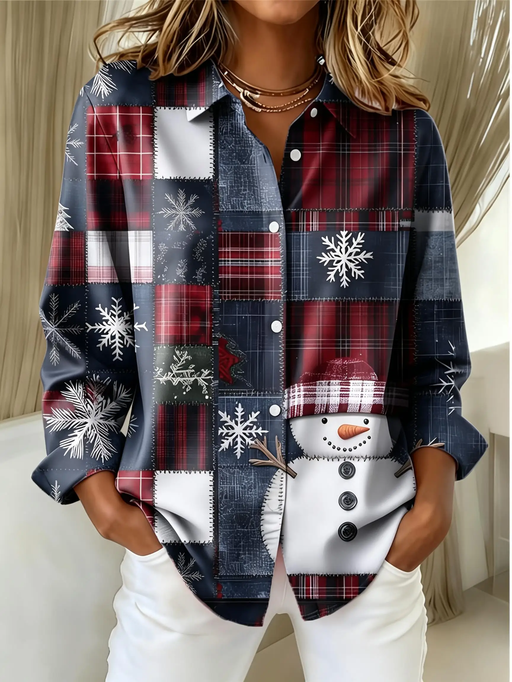 Women Lapel Collar Long Sleeve Shirt Christmas All‑over Print Blouse Xmas Holiday Casual Button Down Party Top