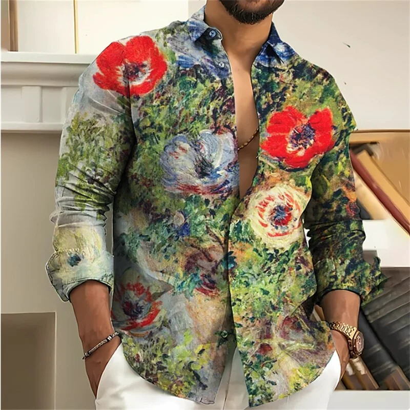 2024 Men\'s Shirt Floral 3D Printing Vintage Lapel Long Sleeve Outdoor Street Fashion Button Shirt Designer Casual Autumn Winter