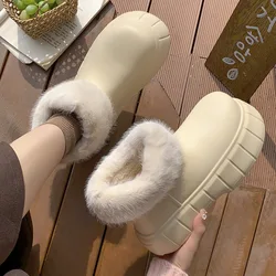 High Top Waterproof Cotton Shoes for Women's Winter Outdoor Plush EVA Thick Soled Rain Boots Green Keep Warm Botines Ladies