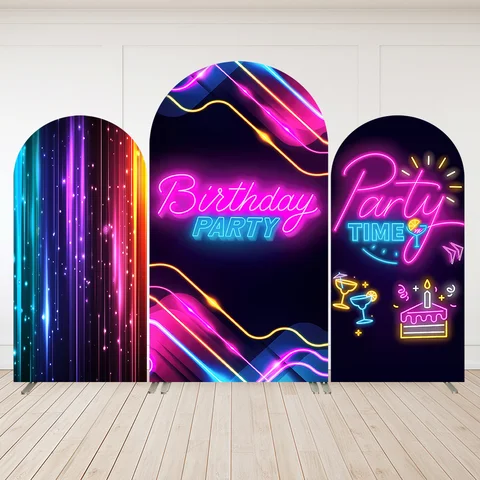 Neon Glow in Dark Party Arched Wall 2-Sided Happy Birthday Arched Backdrop Cover Photography Background  Hip Pop theme Decor