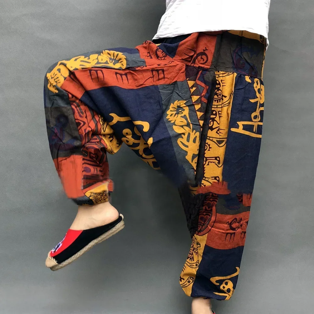 Vintage Man Pants Retro Casual Harem Cotton And Linen Baggy Ethnic Printing Large Crotch Loose Clothing Trousers Pants For Men