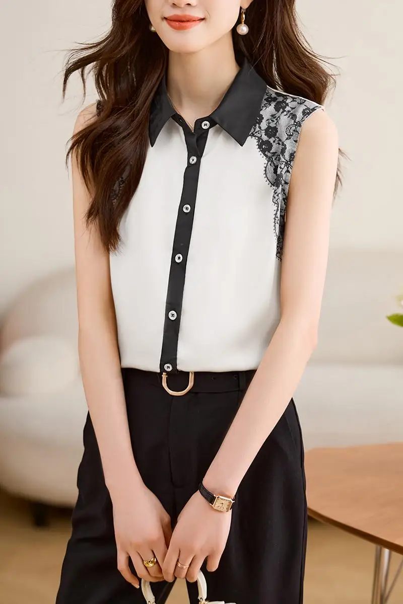 Simulated Silk  Shirt for Woman 2025 Summer Satin Women's Blouse Sleeveless Unique Womens Tops Korean Reviews Many Girls Clothes