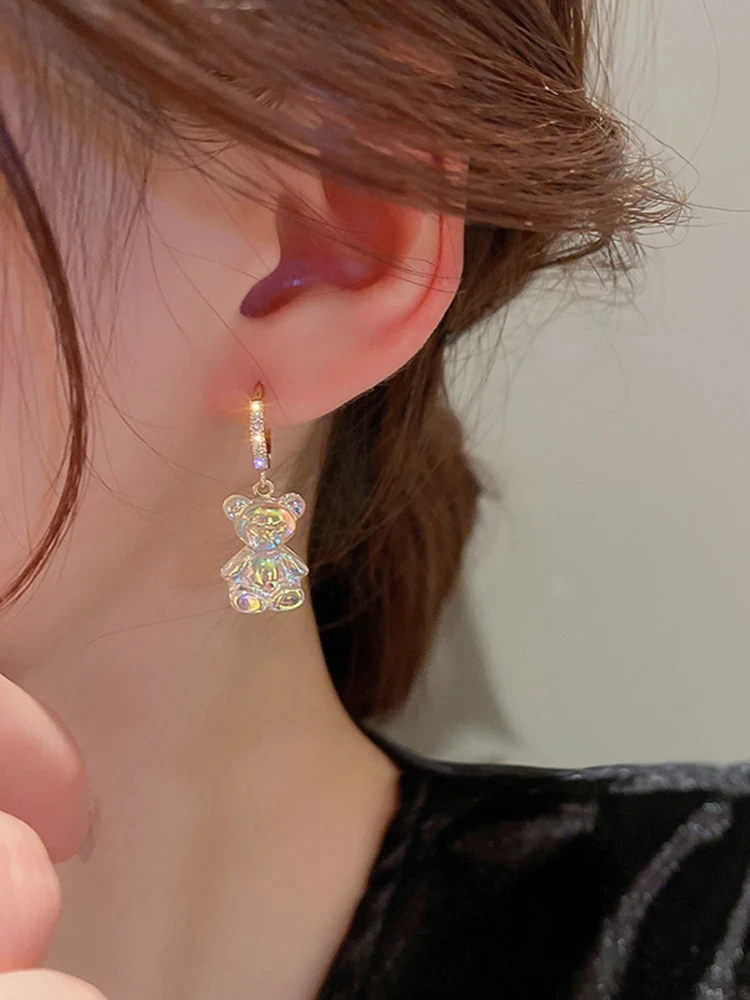 Cute Bear Earrings For Women Shiny Zircon Earrings 2024 New Trendy Golden Copper Drop Earring Party Wedding Jewelry Girls Gifts image 3