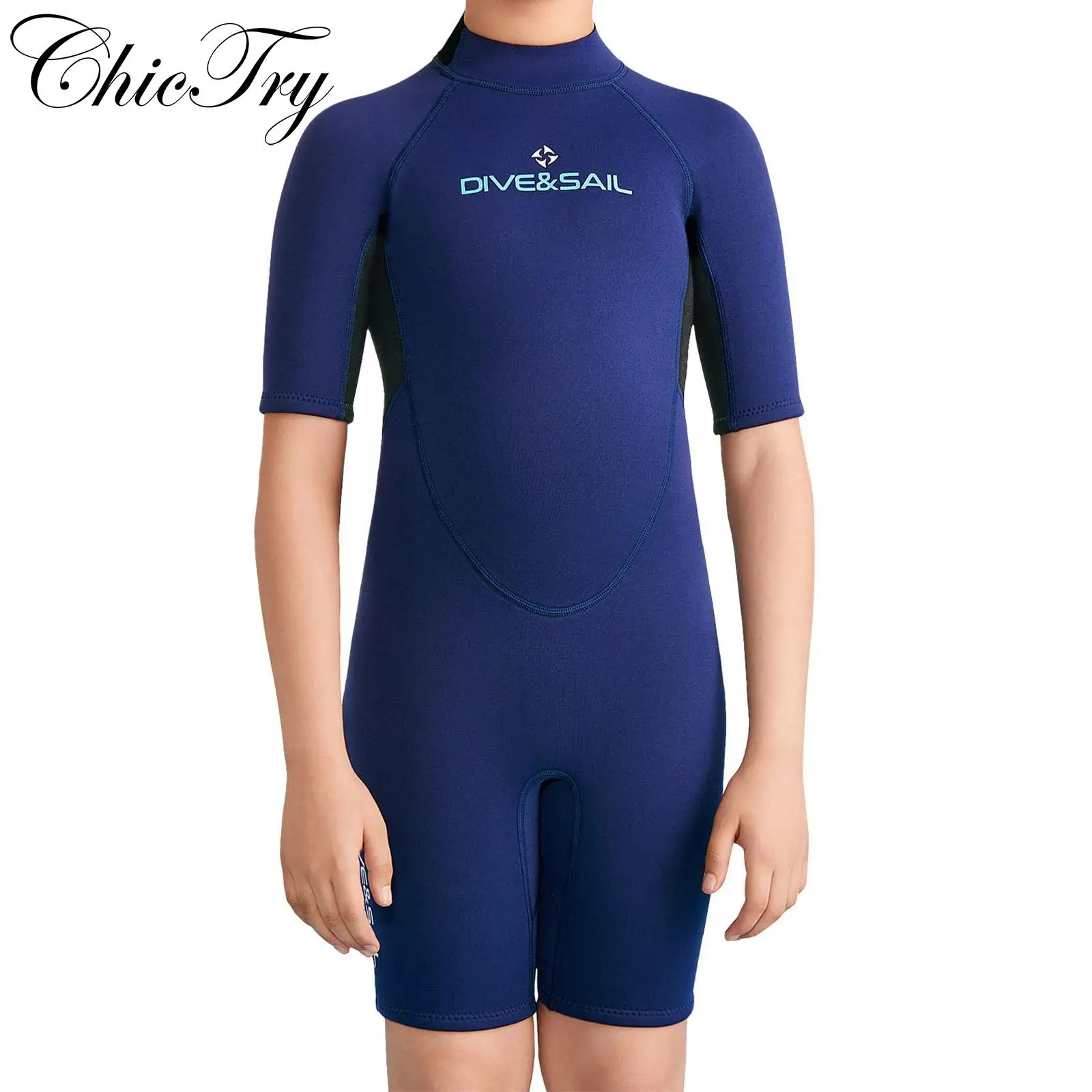 

Kids Boys Swim Leotard 2.5mm Neoprene Thermal One Piece Swimsuit Color Block Thigh Length Jumpsuit Back Zipper Bodysuit Wetsuit