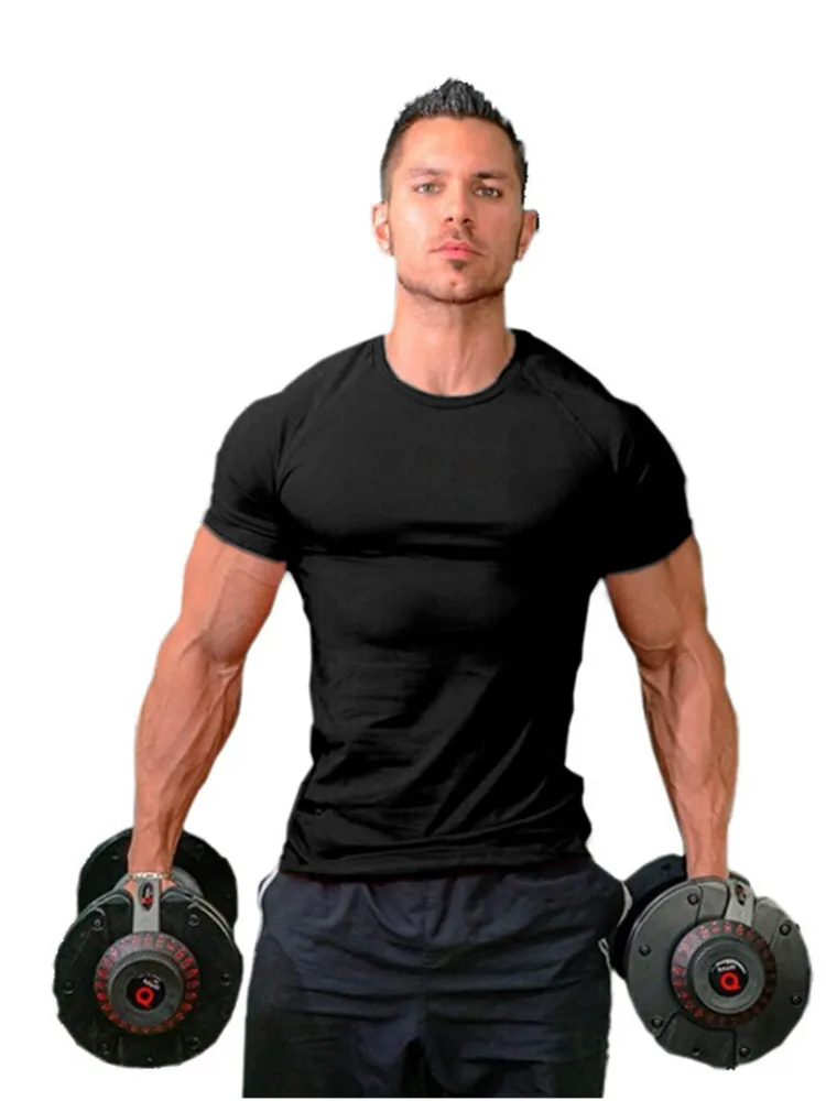 European Size Pure Monochrome Fitness Men's Round Neck Sports Training Tight T-shirt Muscle Short Sleeve Top