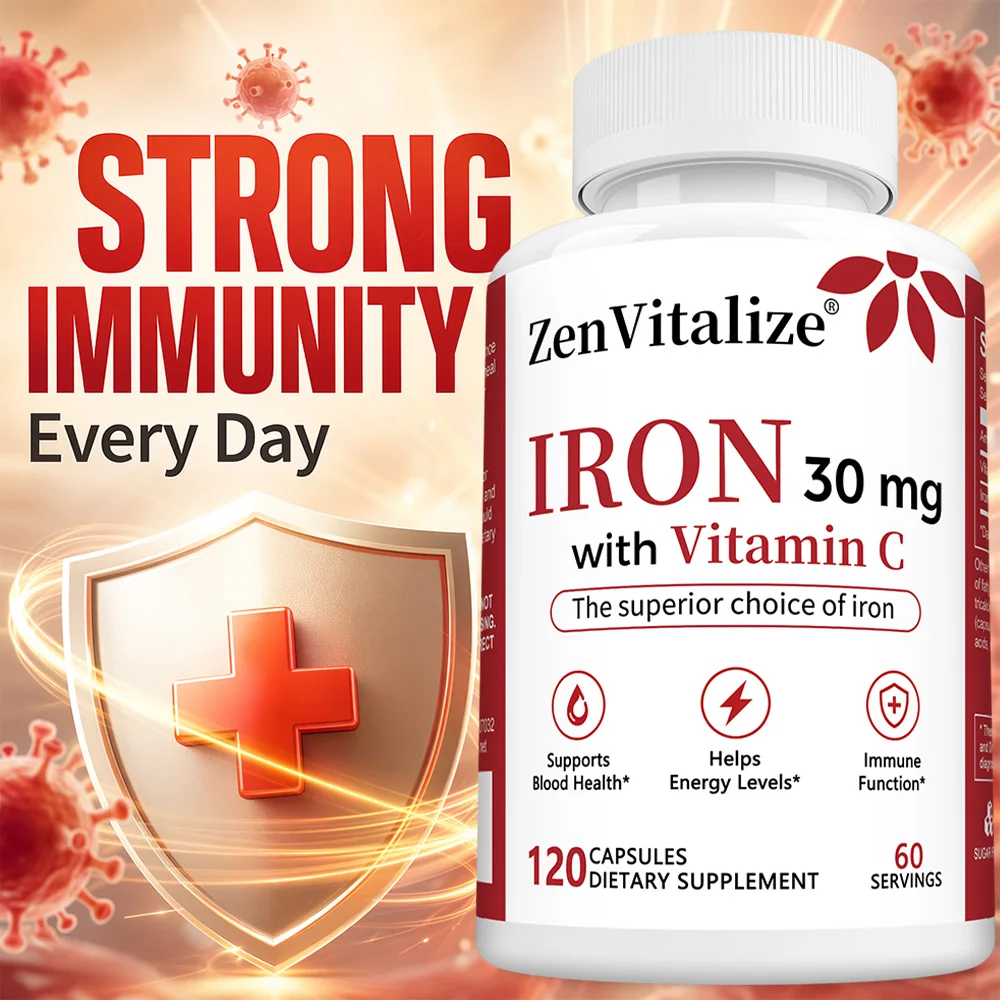 

Iron - with Vitamin C - Fight Fatigue, Promotes Red Blood Cell Production, Boosts Energy Levels, Supports Brain Health, Non-GMO