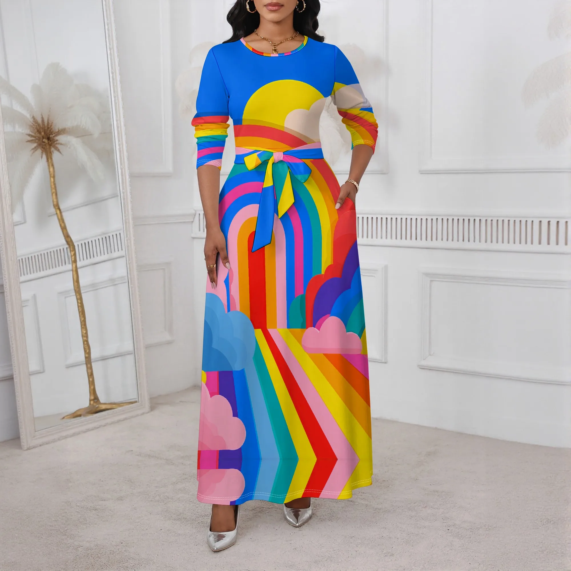 

Rainbow Sunrise Maxi Dress XS-3XL Long Sleeve Belted Crew Neck Style for Pride Parade, Spring Party or Festival Celebration Look