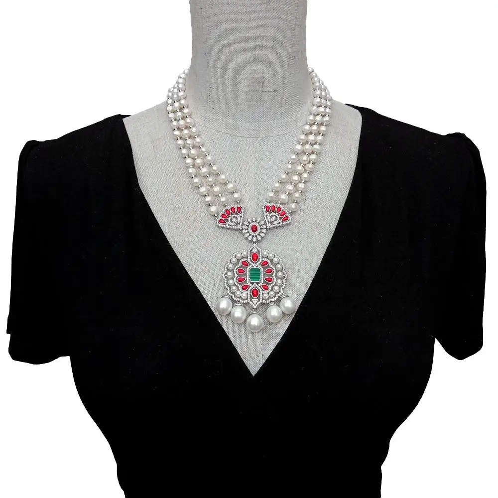 YYGEM 3 Rows 6-7mm Freshwater White Pearl Necklace Cz Pave Statement Necklaces Jewelry For Women