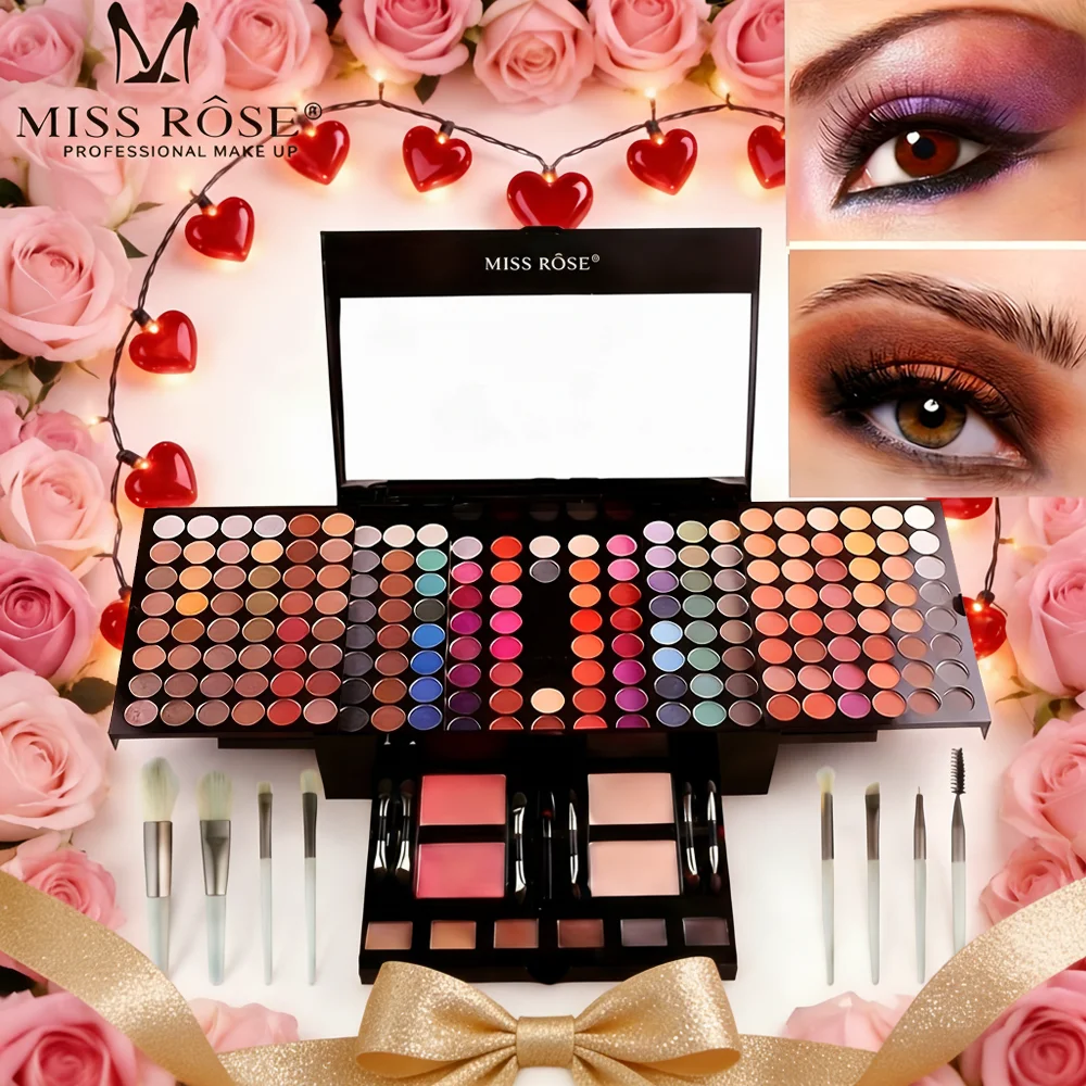 

190-цветная профессиональная палитра для макияжа, теней, румян и пудры для бровей 4-в-1, поставляется с зеркалом и полным набором кистей,