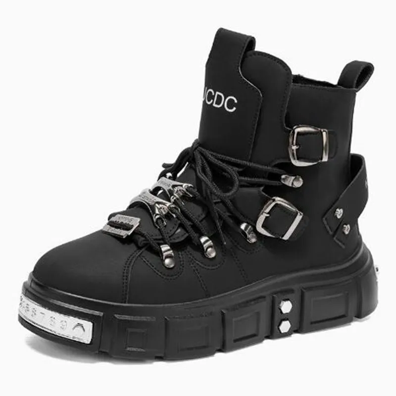 Fashion Rivet Black High top Sneakers Men Leather Design Luxury Shoes Street Gothic Punk Boots Men Motorcycle Boots Big Size 47